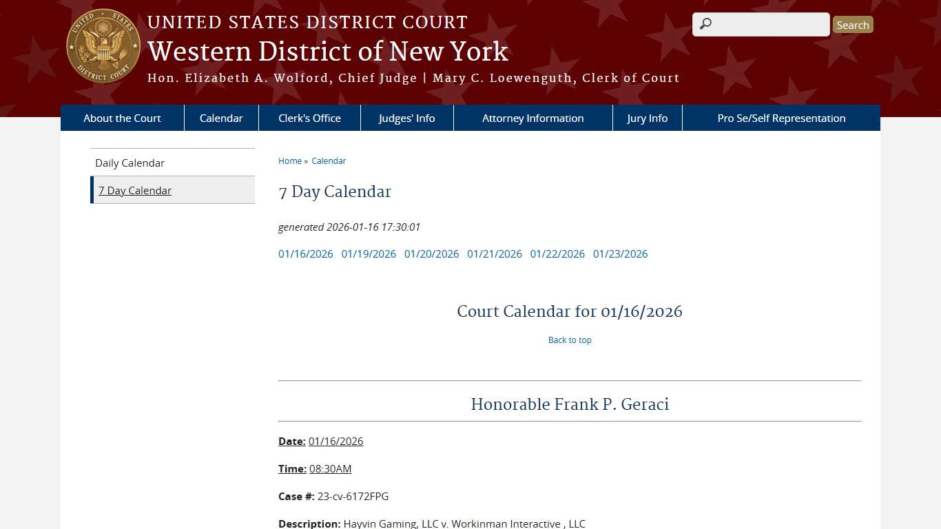 7 Day Calendar | Western District of New York | United States District Court