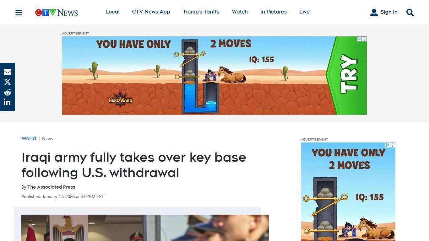 Iraqi army takes over key base following U.S. withdrawal